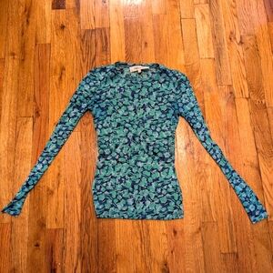 XXS mesh long sleeve Diane von Fürstenberg top with blue-green leaf pattern